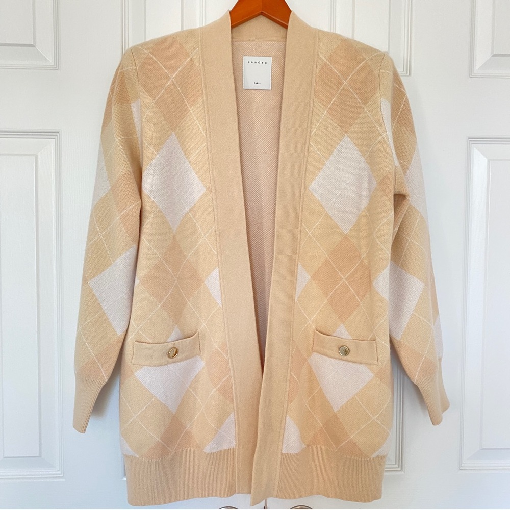 Sandro Argyle Jacquard Cardigan  Tan/White/Cream - Picture 9 of 16